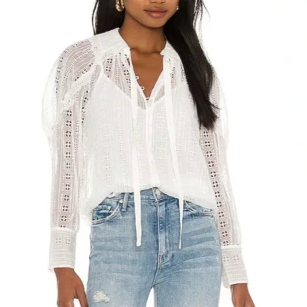 Rebecca Taylor Geo Eyelet Silk Blouse, Cream, XS‎